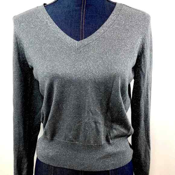 Talbots Silver Sparkle V-Neck Pullover Sweater Lightweight New Years M - Picture 1 of 6